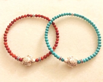 SALE!!! Sea turtle bracelet or elephant bracelet with jasper stone beads or turquoise glass beads elephant gifts turtle jewelry