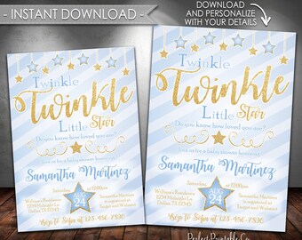 Twinkle Twinkle Little Star Baby Shower Invitation, Blue and Gold Glitter, Its a Boy, Instant Download, Editable PDF #405