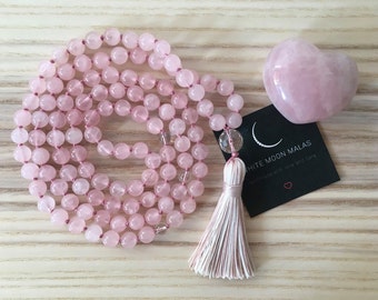 108 Rose Quartz Mala, Beaded Mala Necklace, Healing Prayer Beads, Hand-Knotted, Buddhist Jewelry, Tassel Necklace, Meditation, Yoga Jewelry