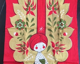 vintage Fallani & Cohn linen tea towel, angel with wings, green, gold, red, retro Christmas kitchen towel, 1960s