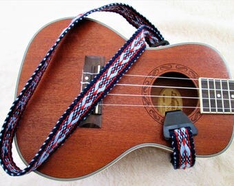 Handwoven Ukulele Strap, Options: Ukulele Neck Strap or Handcut Leather Ends, free Leather Headstock Strap Holder or Banjolee Adapters