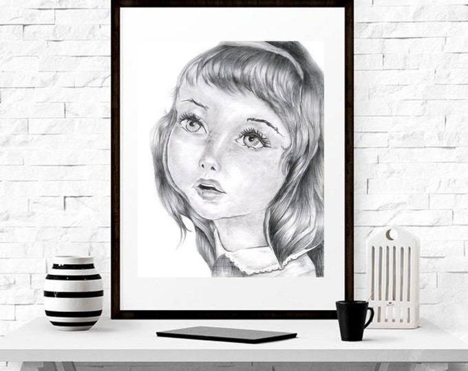 Pencil Child Portrait Download, Child Drawing Print, Little Girl Drawing, Child Sketch Art, Scanned Drawing, Drawings For Nursery