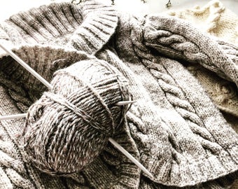 Light graphite Aran cable cardigan hand knit