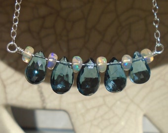 London Blue Topaz Necklace with Ethiopian Opal, Opal Necklace, December Birthstone, Gemstone Bar Necklace, Dainty Beaded Necklace