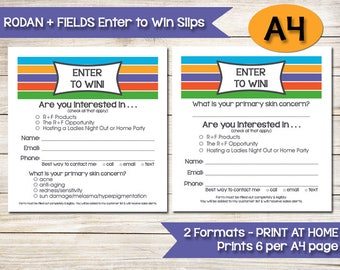 A4 | RODAN AND FIELDS | Enter to Win | Door Prize | Drawing Slip | Raffle Ticket | Skin Care Survey | Contest Form | Direct Sales Vendor