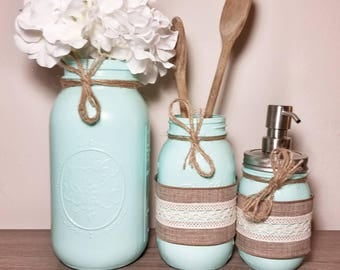 Mint, Kitchen Decor, Kitchen Canisters, Kitchen Storage, Mason Jar Decor, Kitchen Organizer, Kitchen Organization, Seafoam Green, Mason Jar