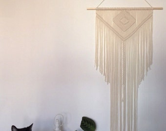 Handmade Macrame Wall Hanging Wall Decor Boho Chic Wall Art Aztec Bohemian Creme Cotton Organic Yarn Tapestry Weave Crochet Knotted Wedding