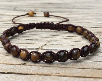 Tiger Eye Bracelet, Tiger Eye Anklet, Adjustable Macrame Friendship Bracelet, Beaded Bracelet, Surf Bracelet, Gift for Her, Tiger Eye
