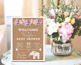 Personalized Printable Baby Shower Sign - It's A Girl, Boho Floral Elephant, Pink, Purple, Kraft Paper -DESIGN 100