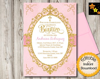 Spanish Baptism Invitation, Girl, Pink and Gold, INSTANT download, EDITABLE in Adobe Reader, DIY, 5"x7" each