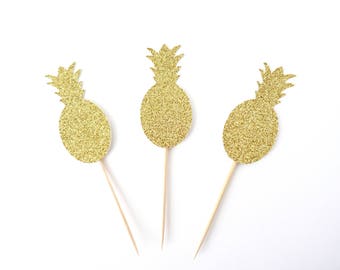 Glitter Pineapple Cupcake Toppers - Set of 12 - Tropical Party