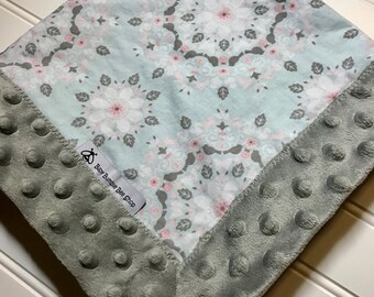 Baby Lovey Blanket- Vintage Flower Design with Grey Minky -Cotton and Minky - Security Blanket- Mini Blanket- 19x19