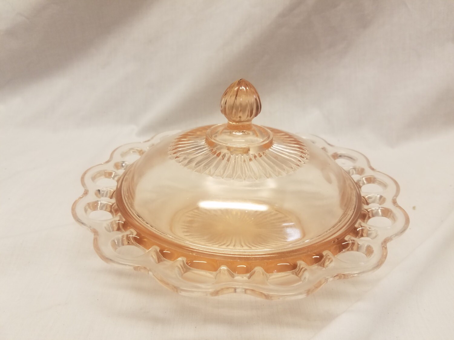 Pink old colony Lace edge Depression glass Butter dish