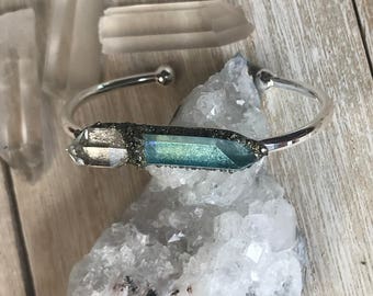 Gift-For-Her, Herkimer Diamond, Celestial Birthstone Jewelry, raw crystal, rose gold, silver, diamond bracelet, birthstone bangle, Aqua Aura
