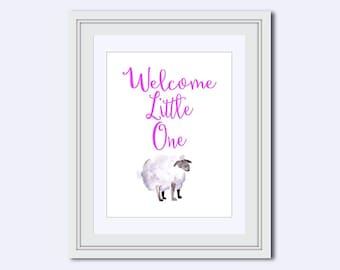 girl nursery art - Nursery Wall Art - baby girl print - nursery design - Welcome little one print - baby shower gift - watercolor lamb