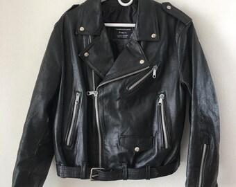 Real motorcycle jacket from leather, soft and genuine leather retro vintage style with zippers stylish men's black color jacket size-medium.