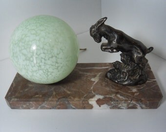 French Art Deco Figural Desk Table Lamp Light Spelter Goat Ram Figure Green Glass Globe Marble Base