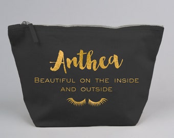 Personalised Large Zipped Make up / Toiletry Bag with Gold Glitter on a Black Cotton Canvas
