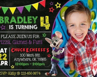 15% OFF FALL SALE! Chuck-E-Cheese Chalkboard Birthday Party Invitation with Photo! Digital File, Print at Home