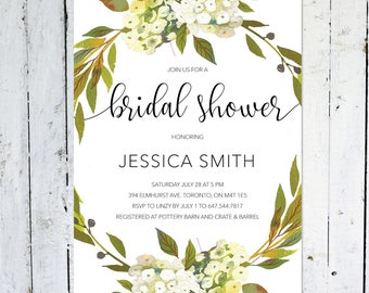 Bridal Shower Invitation, Wreath, Greenery, Modern, Floral, Flowers, White, Green, Printable, Printed