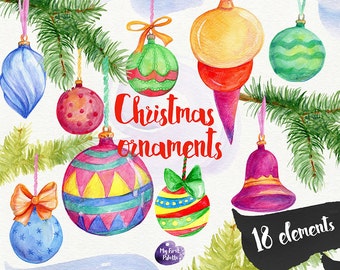 Watercolor Christmas clipart - tree ornaments, New Year , winter holidays - 18 watercolor elements, 600 dpi PNG; bows; fir branches