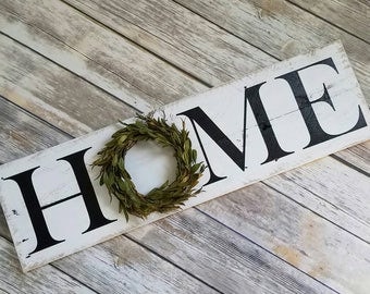 Home Wreath Sign, Wooden Home Decor, Reclaimed Wood Sign, Farmhouse Decor
