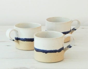 Handmade ceramic mug, pottery mug, blue and white glaze, unglazed base, coffee, tea mug, handmade gift, housewarming gift, kitchen, dining