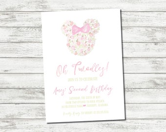 Printable Watercolor "Oh Twodles" Minnie Mouse Themed Baby Girl Invitation Suite