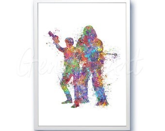 Star Wars Han Solo and Chewbacca Watercolor Art Silhouette Poster Print - Wall Decor - Watercolor Painting - Home Decor - Kids Decor