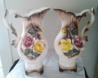 Pair Antique Capodimonte Italian Handled Vases/Jugs