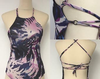 Absract Purple Floral Palm Print One Piece Swimsuit/Bathing Suit with Multiway ties and hoops
