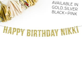 Custom Happy Birthday Banner | custom personalized birthday gift banner sign bunting decorations gold pink black silver 1st birthday golden