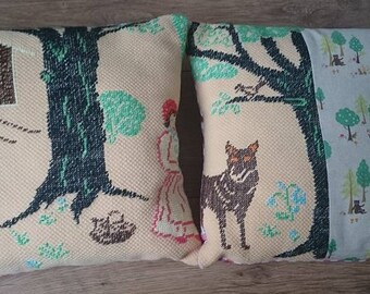 2 pillow covers cushion covers embroidery Little red ridinghood Rotkapchen Le Petit Chaperon Rouge fairy tale märchen