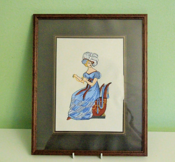 Framed Embroidery Picture Victorian Women Blue Dress Wall
