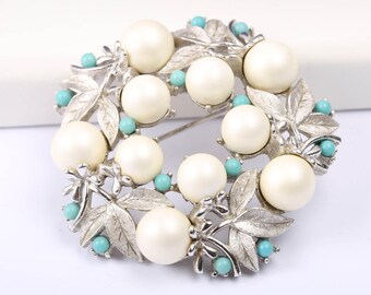 Sarah Coventry Faux Pearl and Turquoise Brooch