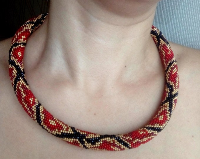 Red black python necklace rope skin reptile snake animal skin print beadwork unusual safari jewelry crochet casual jewellery like snake skin