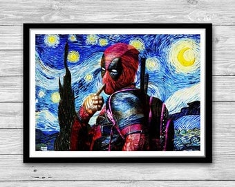 Deadpool Print, Starry Night Print, Reproduction of Van Gogh, Deadpool Painted Poster, Gifts for him Deadpool, Wall Art Print, Deadpool
