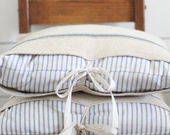 Ticking Stripe and Grain Sack Pillow Cover - Available in Blue, Tan and Black Stripes