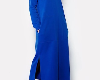Oversized royal blue tricot maxi dress with pockets/full sleeve winter maxi dress/warm maxi dress/long sleeves maxi dress/casual maxi dress