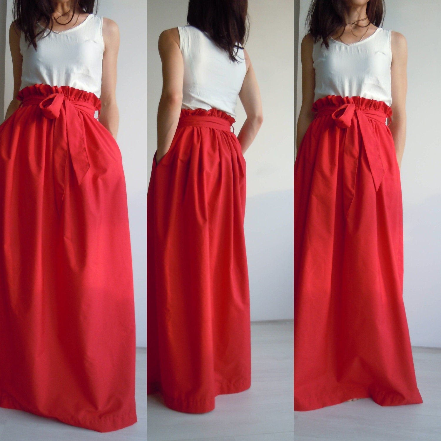 Red maxi skirt/High waisted cotton maxi skirt/Long skirt with