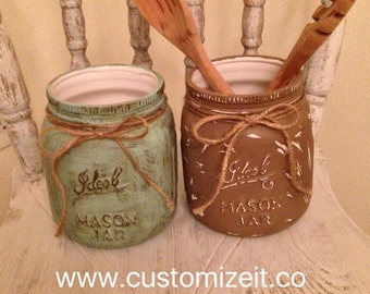 Mint Rustic Mason Jar Utensil Holder| Farmhouse kitchen decor, Customized Utensil Holder