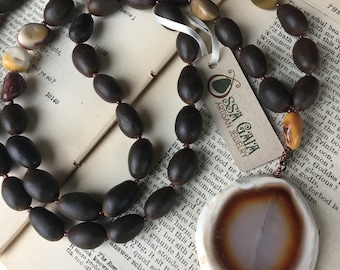 Organic Lotus Seed Mala Necklace, Brown Agate, Mookaite, and Garnet; Eco Friendly Jewelry; Long Boho Necklace; Zen Jewelry; Meditation Beads