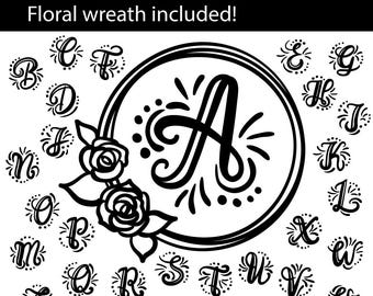 A-Z hand lettered Initials, svg, cut, file, letters, monogram, abc, decal, silhouette, wreath, roses, flowers, floral, decal, vector, design