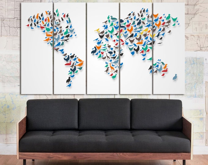 Large Birds World Map Print art, Canvas Poster Set, Animal World Map For Children, colorful abstract map / 3 or 5 Set Panels Canvas Wall Art