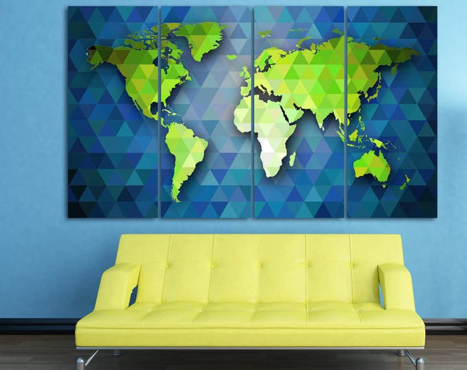 Large Polygonal Blue & Green World Map Canvas, Geometric Map 3 or 5 Panels Abstract map Canvas Wall Art for Home and Office Decoration