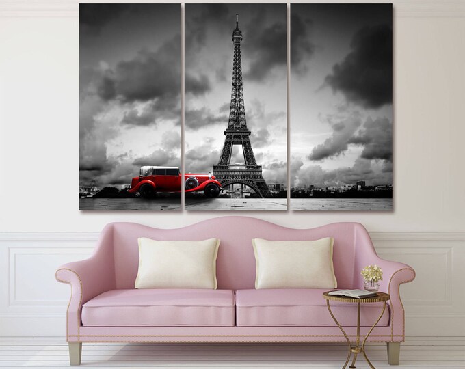 Vintage car Eiffel Tower print on canvas, Paris skyline red car France wall art, Кed car Eiffel Tower Paris balck and white canvas wall art