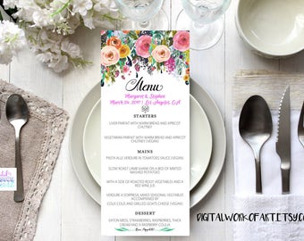 Wedding Menu Template, DIY Floral Bohemian Menu Printable, Table Menu Card, Reception Card, Editable PDF Template, Calligraphy, boho roses