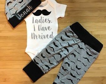 Baby Boy Coming Home Outfit Mustache Personalized Mustache Ladies I Have Arrived Bodysuit Pants Hat Set
