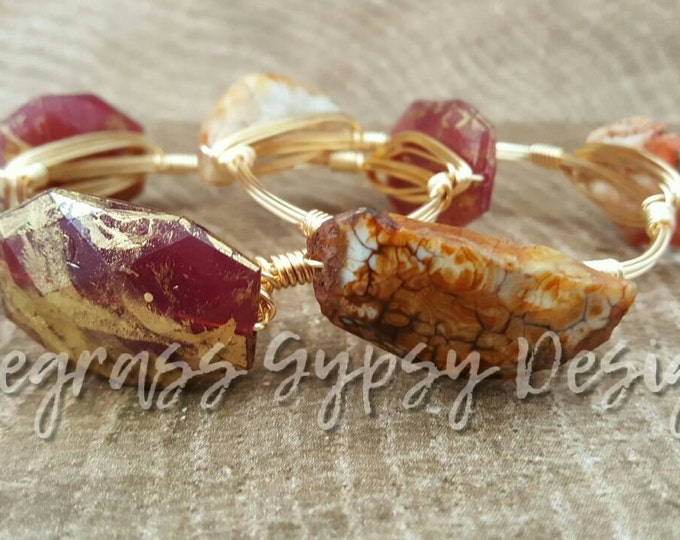 Brown Agate gemstone wire bangle, Bracelet Stone with naturally occuring crystals, Bourbon and Boweties Inspired