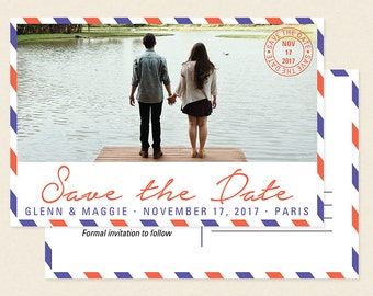 Air Mail Photo Save the Date Postcard Magnet - Vintage Travel Destination Affordable Cheap Save the Date